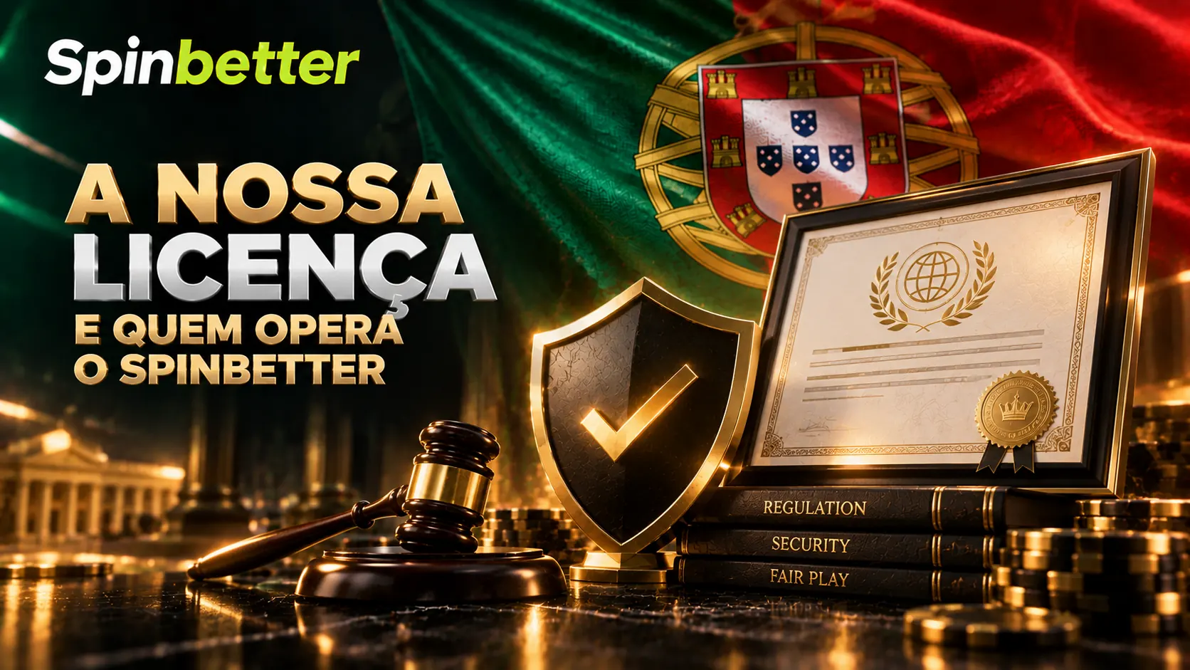 Certificado de licença, martelo de juiz e livros de regulação